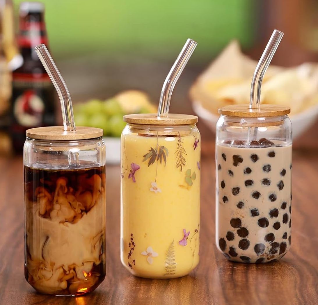 Drinking Glasses with Bamboo Lids & Straws