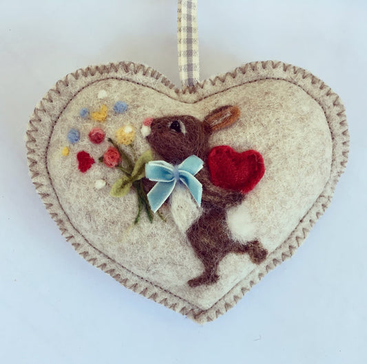 Felted Wool Heart Bunny w/Heart Ornament